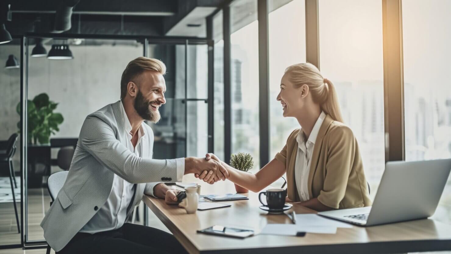Hiring process in office. Two people shaking hands at the end of an interview